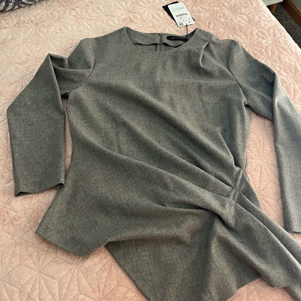 Zara Gray Long Sleeve Twist-Front Blouse